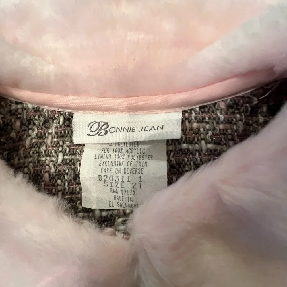 BONNIE JEAN GIRLS DRESSY COAT. SZ 2T LIGHT/DARK GRAY/PINK w/FAUX PINK FUR COLLAR